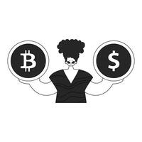 Unique man holding bitcoin and dollar coin. Linear black and white style. vector