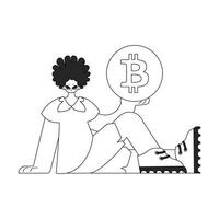 encantador hombre participación un bitcoin moneda. periódico negro y blanco estilo. vector