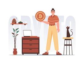 bitcoin minería concepto. un hombre sostiene un bitcoin en su manos. personaje con un moderno estilo. vector