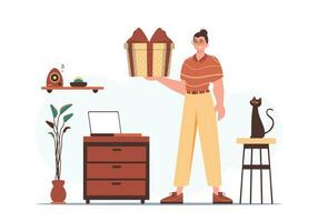 Holiday greetings concept. The guy holds a festive gift box in his hands. vector