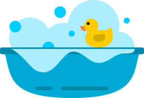 Cute yellow duck toy floating on bathtub with bubble foam soap in bathroom png