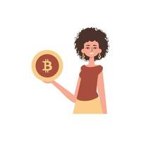 mujer participación bitcoin moneda en su manos. personaje en moderno de moda estilo. vector