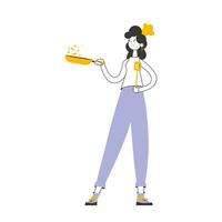 The girl the cook holds a frying pan. Linear trendy style. Isolated. Vector. vector