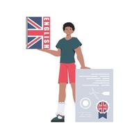 A man holds an English dictionary and a certificate in his hands. The concept of teaching English. Isolated. trendy style. . vector