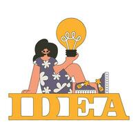 Fashionable girl holds a light bulb in her hands. Idea theme. vector
