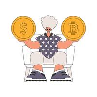 A man holds a dollar and bitcoin coin in his hands. Character Trendy retro style. vector
