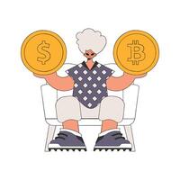 un hombre sostiene un dólar y bitcoin moneda en su manos. personaje de moda retro estilo. vector