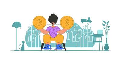 A man is holding a coin of bitcoin and dollar. Cryptocurrency and fiat exchange theme. vector