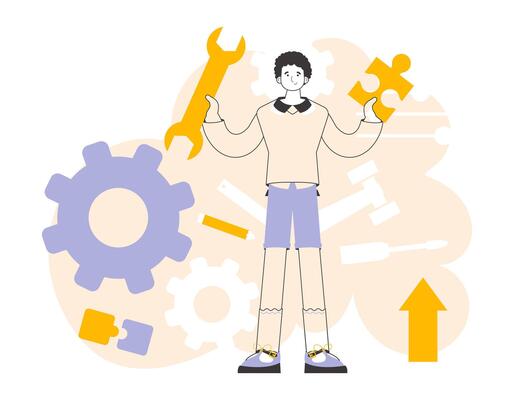 A man is holding a wrench and a puzzle. Teamwork theme. Linear modern style.