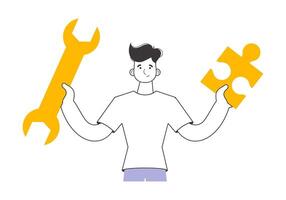 A man is holding a wrench and a puzzle. Teamwork theme. Linear modern style. Isolated. Vector. vector