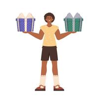 A young guy is holding a gift box. Modern flat vector illustration.