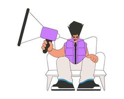 A young guy sits in a chair and holds a megaphone in his hand. Suitable for use in communications or protest thematic projects. vector