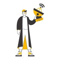 A man holds the internet of things logo in his hands. Linear trendy style. Isolated on white background. illustration. vector