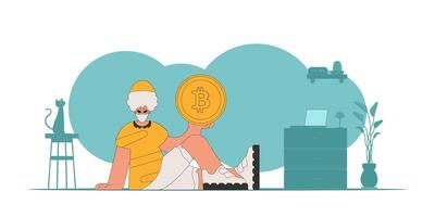 The guy is holding a bitcoin coin. Cryptocurrency concept. vector