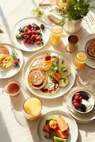 gastos generales ver de comunal desayuno escena, destacando compartido comidas en Mañana luz de sol ai generativo foto