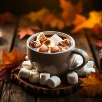 Cozy Autumn Scene with Hot Chocolate Topped with Melting Marshmallows in White Mug AI Generative photo