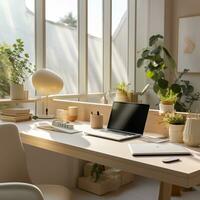 Natural Sunlight Illuminating a Minimalistic Contemporary Workspace with Copyspace AI Generative photo