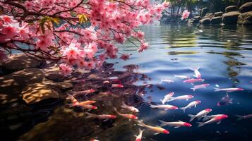 Ethereal image of a tranquil koi pond surrounded by blooming cherry blossoms AI Generative photo