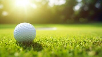 esencia de golf en un soñador día con un pelota en el primer plano en contra un iluminado por el sol horizonte ai generativo foto