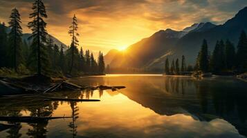 Ethereal Landscape Shot Capturing the Sun's Golden Hue Over Majestic Mountains and Serene Lakes AI Generative photo