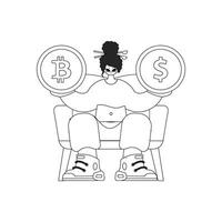 Charming woman holds a coin of bitcoin and dollar in her hands. Linear black and white style. vector