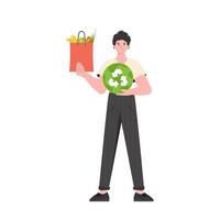 The man is depicted in full growth and holds a package with healthy food in his hands and shows an icon. Isolated on white background. Trend vector illustration.