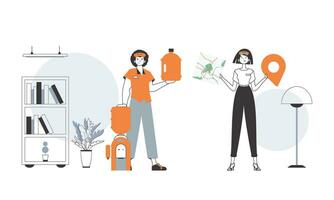 Water delivery concept. The guy and the girl deliver water to the house. Linear style. vector