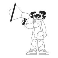 An experienced HR specialist woman holds a megaphone in her hands. HR topic. Linear black and white style. vector