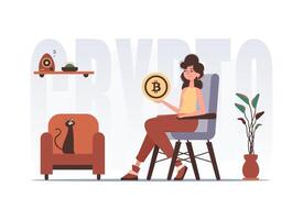 The concept of mining and extraction of bitcoin. A woman sits in a chair and holds a bitcoin in her hands. Character with a modern style. vector