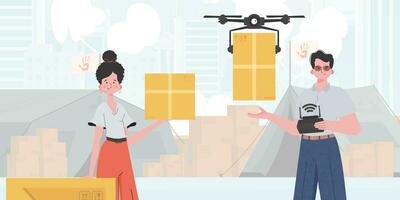 Camp for humanitarian aid. The drone is transporting the parcel. Man and woman with cardboard boxes. Flat modern design. Vector. vector