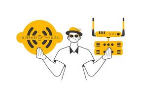 A man holds the IOT logo in his hands. Lineart style. Isolated on white background. . vector