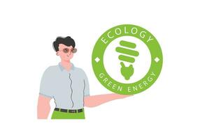 un hombre sostiene el eco logo en su manos. el personaje es representado a el cintura. el concepto de ecología y verde energía. aislado. de moda, de moda estilo. vector. vector