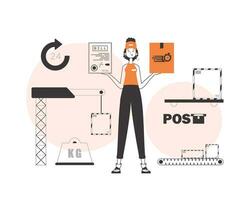 A woman holds a parcel and a check in her hands. Parcel delivery concept. Linear trendy style. vector