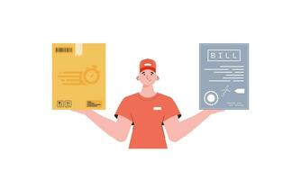 The male courier is holding a box and a check. Delivery concept. Isolated. Cartoon style. Vector. vector
