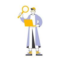 A man holds a magnifying glass and a laptop in his hands. Job Search Theme. H.R. Linear style. Isolated. Vector. vector