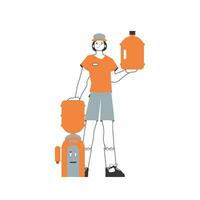 Water delivery concept. A man holds a bottle of water in his hands. Lineart style. vector