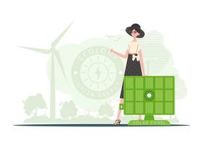 Eco energy concept. A woman is standing near a solar panel. trendy style. Vector illustration.