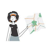 The woman is holding a map. Delivery concept. Linear modern style. Isolated, vector illustration.