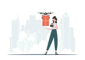 A woman controls a drone with a parcel. Delivery theme. trendy style. Vector. vector