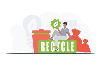 un hombre se sienta siguiente a un paquete de apropiado comida y sostiene un eko icono. el concepto de ecología, reciclaje y verde planeta. plano de moda estilo. vector. vector