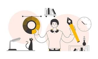 The designer guy holds a color wheel in his hands. Linear trendy style. illustration. vector