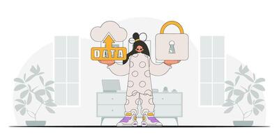 Girl using cloud storage and padlock, artwork with modern style. vector