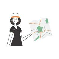 The woman is holding a map. Delivery concept. Lineart style. Isolated, vector illustration.