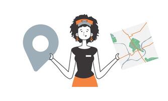 Girl with a map in her hands. Delivery concept. Linear style. Isolated, vector illustration.