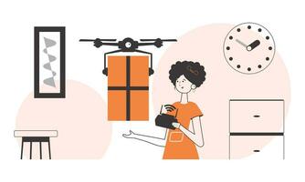 The girl sends a parcel with a drone. Air delivery concept. Linear trendy style. vector