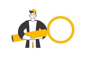 A man holds a magnifying glass in his hands. Minimalistic linear style. Isolated. Vector illustration.