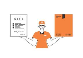 The guy holds a parcel and a check in his hands. The concept of the delivery of goods and parcels. Linear trendy style. Isolated on white background. Vector illustration.