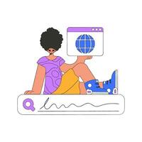 A man sits on a search bar and holds a browser window in his hands. Search for the necessary information on the Internet. Retro style character. vector