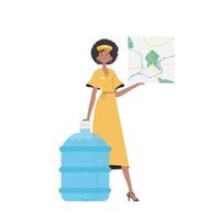 Water delivery concept. The girl is holding a map. The character is depicted in full growth. Isolated on white background. Vector illustration.