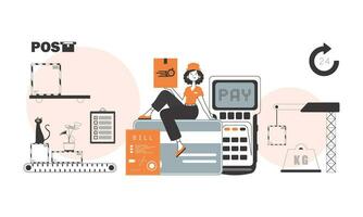 A woman sits on a bank card and holds a parcel. Delivery concept. Linear trendy style. vector